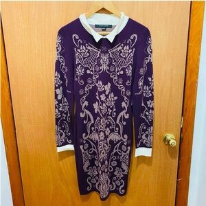 Purple and Beige Patterned Sweater Dress